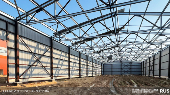 Корпус быстровозводимого здания в д. Коледино. Серия: ИЗЛК РУС ВГ-300.2016. Размеры: ш 20 х д 72 х в 6 м
